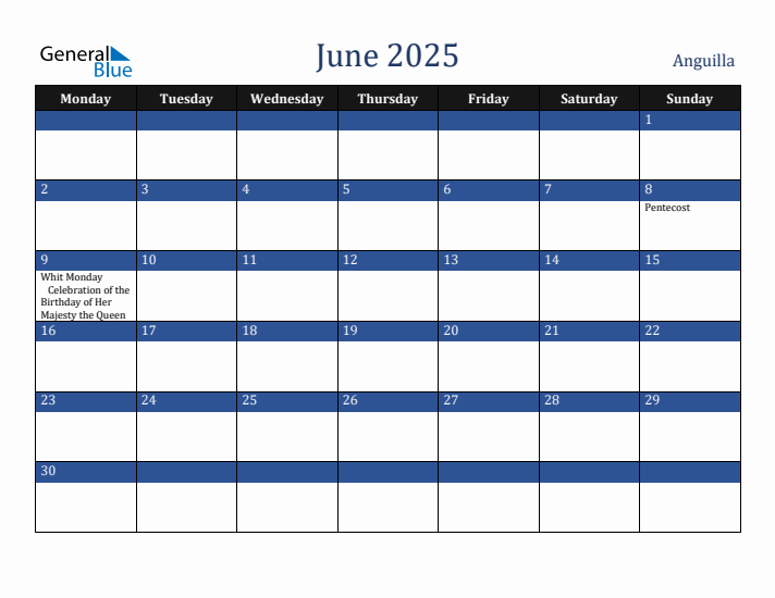 June 2025 Anguilla Calendar (Monday Start)