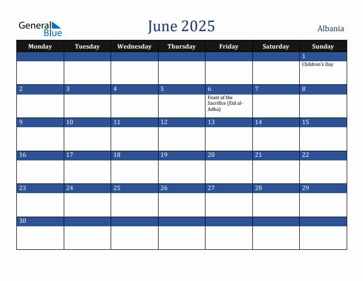 June 2025 Albania Calendar (Monday Start)