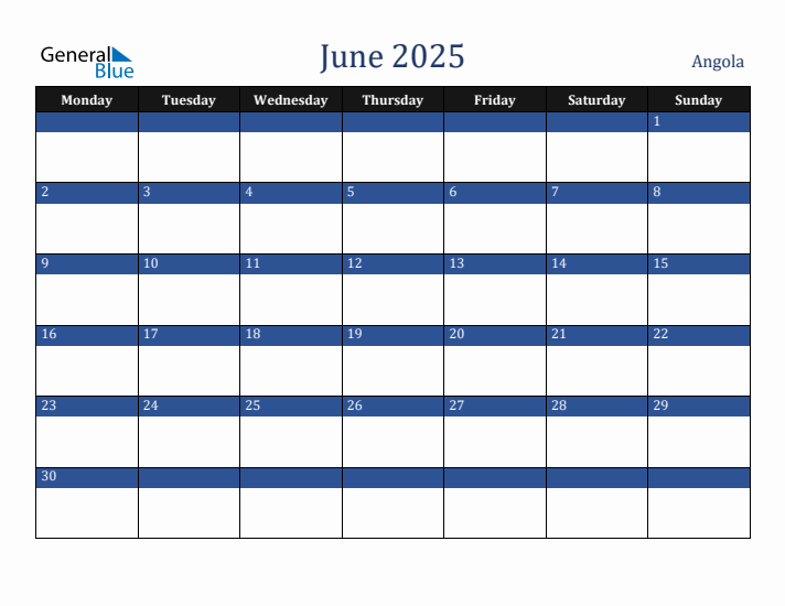 June 2025 Angola Calendar (Monday Start)