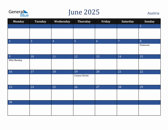 June 2025 Austria Calendar (Monday Start)