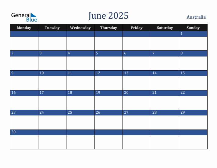 June 2025 Australia Calendar (Monday Start)