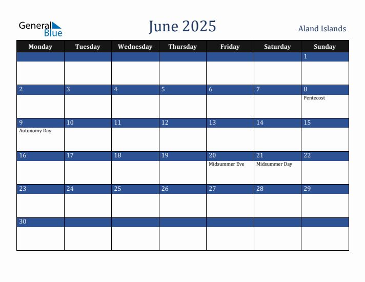 June 2025 Aland Islands Calendar (Monday Start)