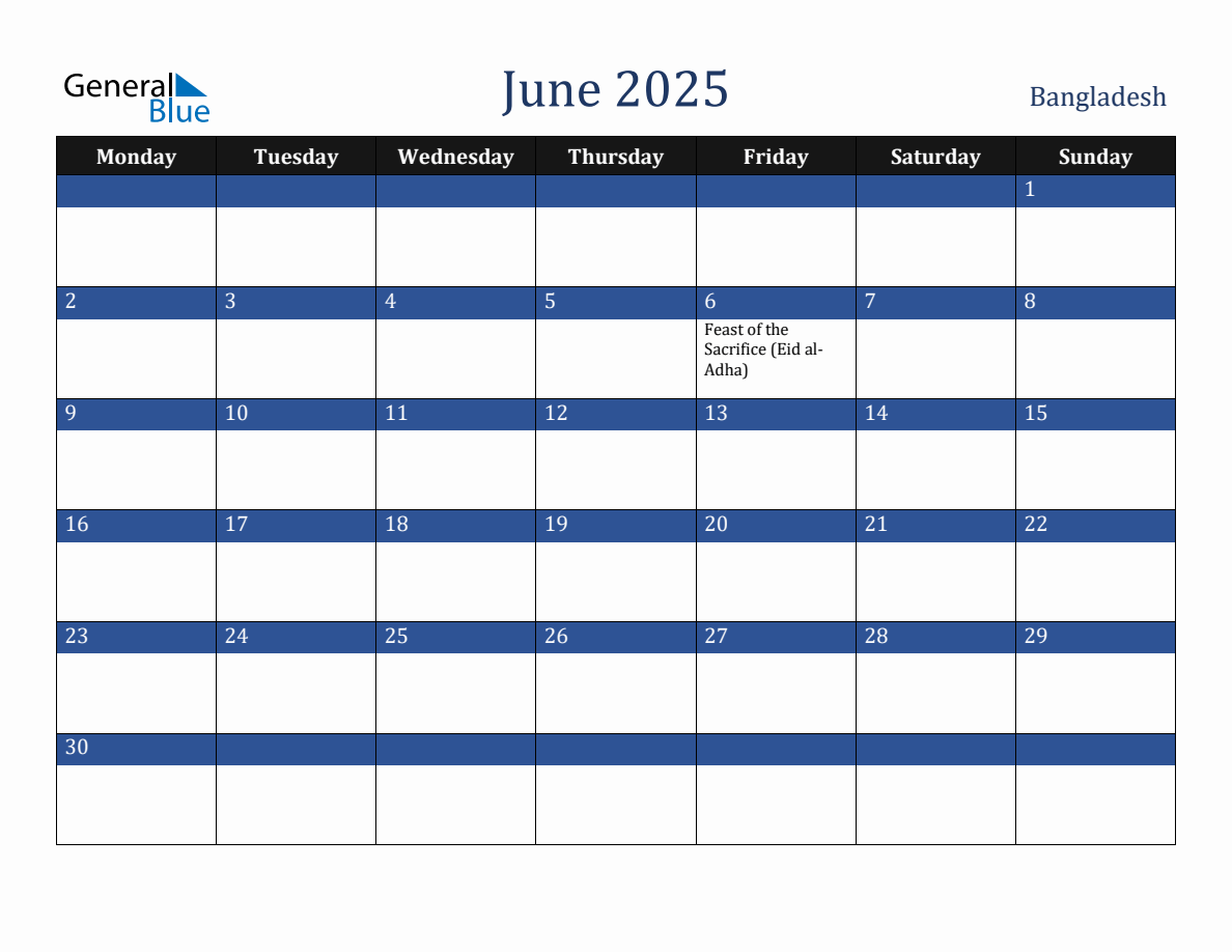 June 2025 Bangladesh Holiday Calendar