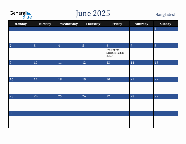 June 2025 Bangladesh Calendar (Monday Start)