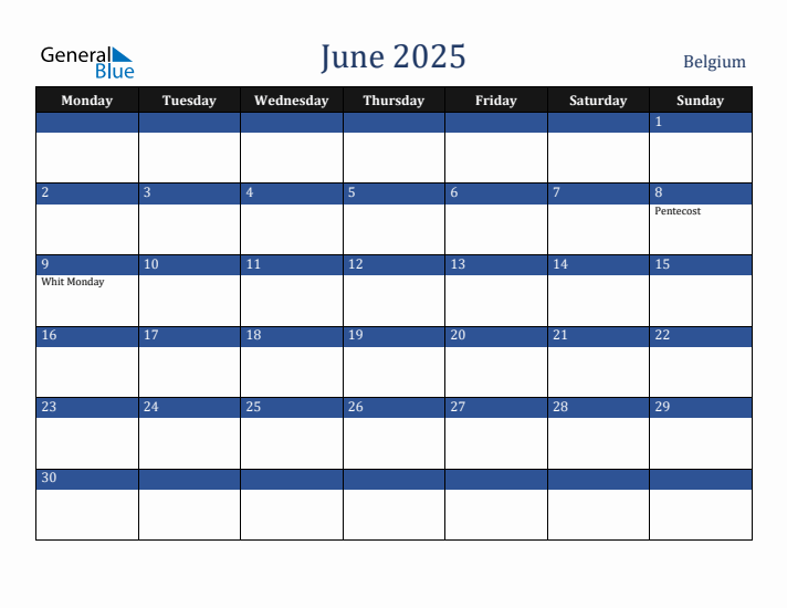 June 2025 Belgium Calendar (Monday Start)