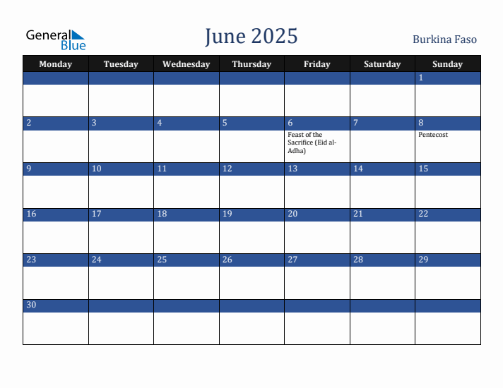 June 2025 Burkina Faso Calendar (Monday Start)