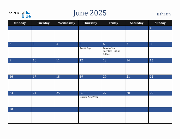 June 2025 Bahrain Calendar (Monday Start)