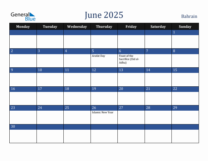 June 2025 Bahrain Monthly Calendar with Holidays