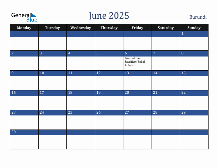 June 2025 Burundi Calendar (Monday Start)