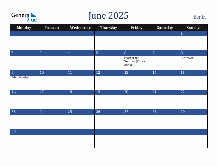 June 2025 Benin Calendar (Monday Start)