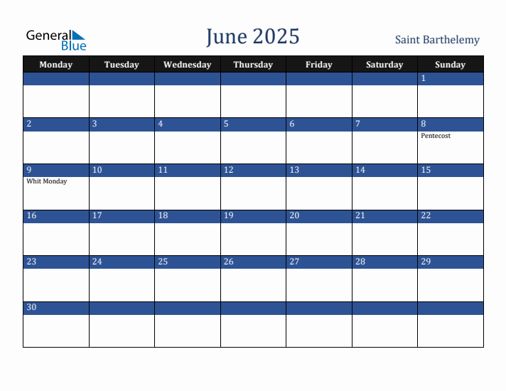June 2025 Saint Barthelemy Calendar (Monday Start)