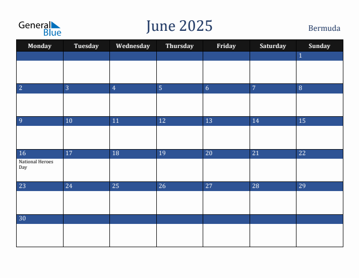 June 2025 Bermuda Calendar (Monday Start)