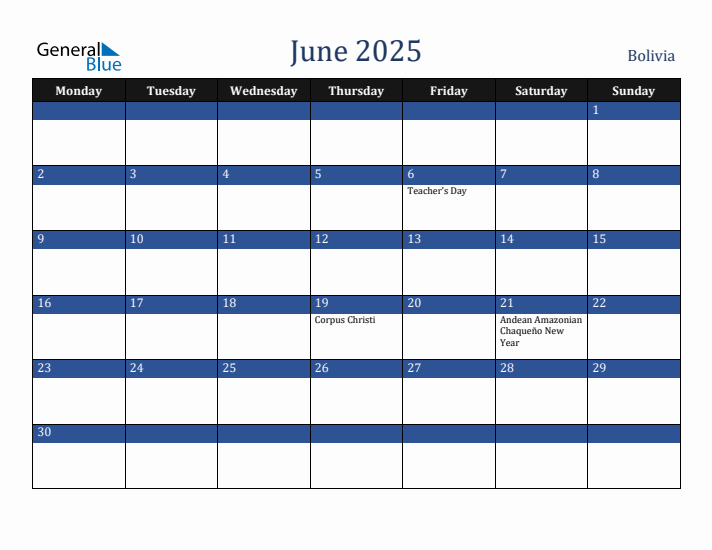 June 2025 Bolivia Calendar (Monday Start)