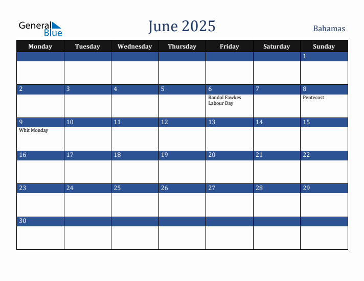 June 2025 Bahamas Calendar (Monday Start)