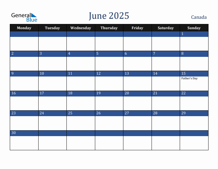 June 2025 Canada Calendar (Monday Start)