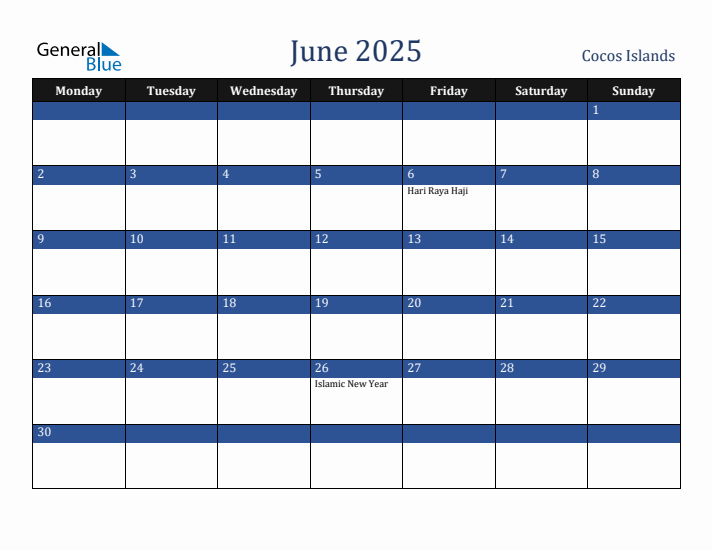 June 2025 Cocos Islands Calendar (Monday Start)