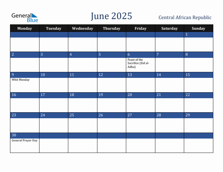 June 2025 Central African Republic Calendar (Monday Start)
