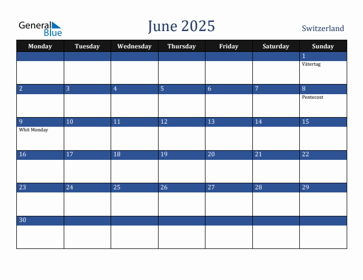 June 2025 Switzerland Calendar (Monday Start)