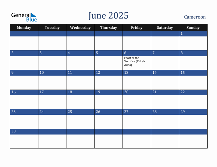 June 2025 Cameroon Calendar (Monday Start)
