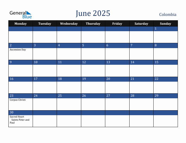 June 2025 Colombia Calendar (Monday Start)