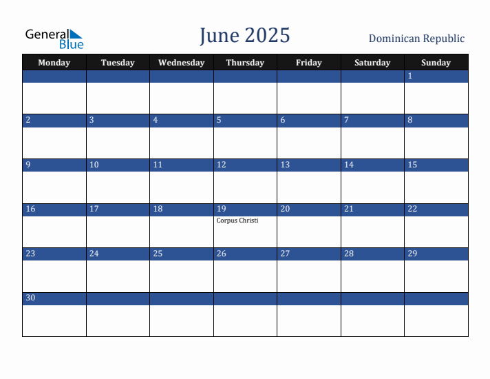June 2025 Dominican Republic Calendar (Monday Start)