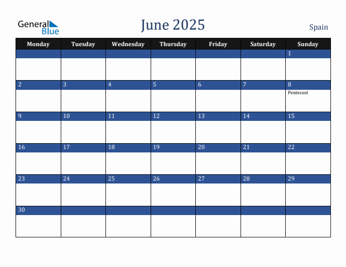 June 2025 Spain Calendar (Monday Start)