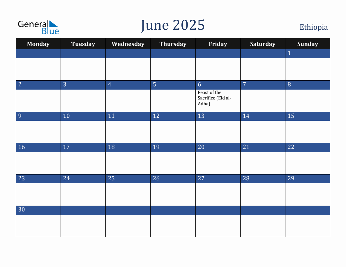 June 2025 Ethiopia Holiday Calendar