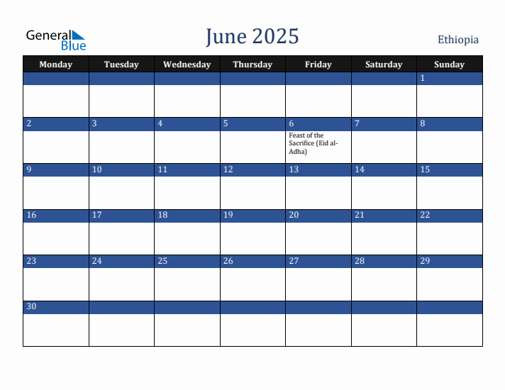 June 2025 Ethiopia Calendar (Monday Start)