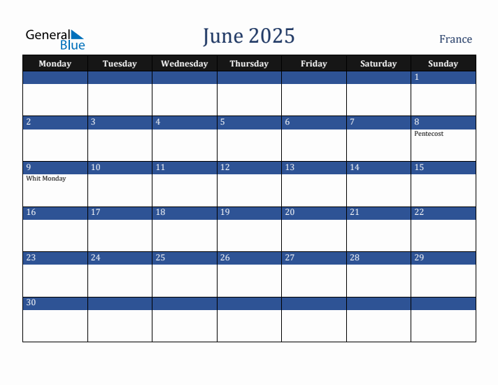 June 2025 France Calendar (Monday Start)