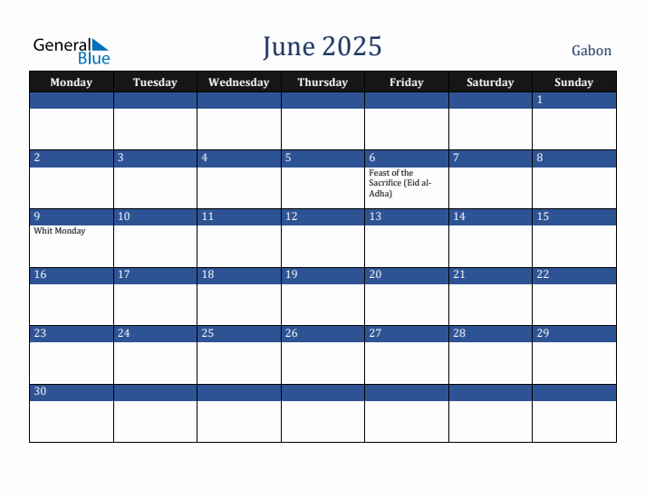 June 2025 Gabon Calendar (Monday Start)