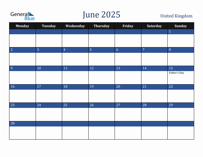 June 2025 United Kingdom Calendar (Monday Start)