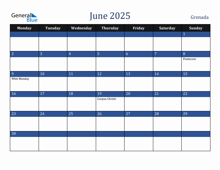 June 2025 Grenada Calendar (Monday Start)