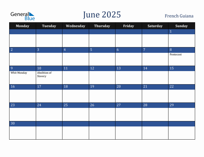 June 2025 French Guiana Calendar (Monday Start)
