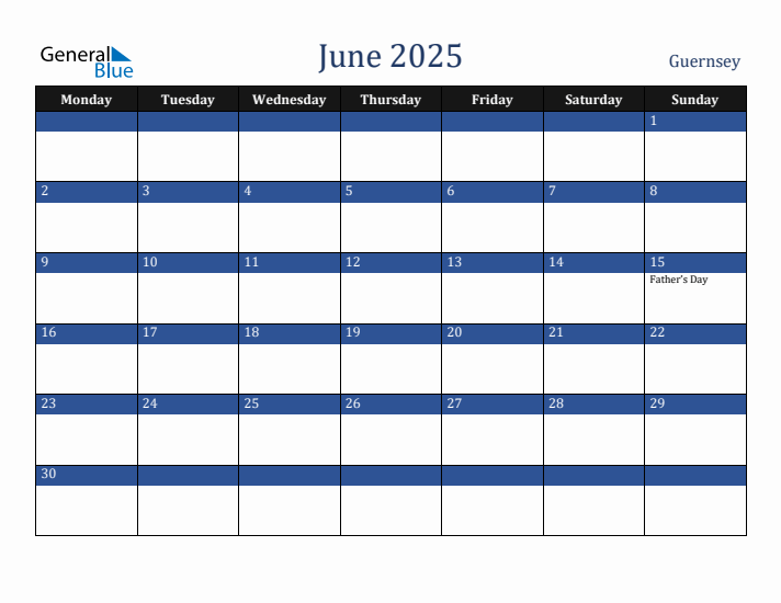 June 2025 Guernsey Calendar (Monday Start)