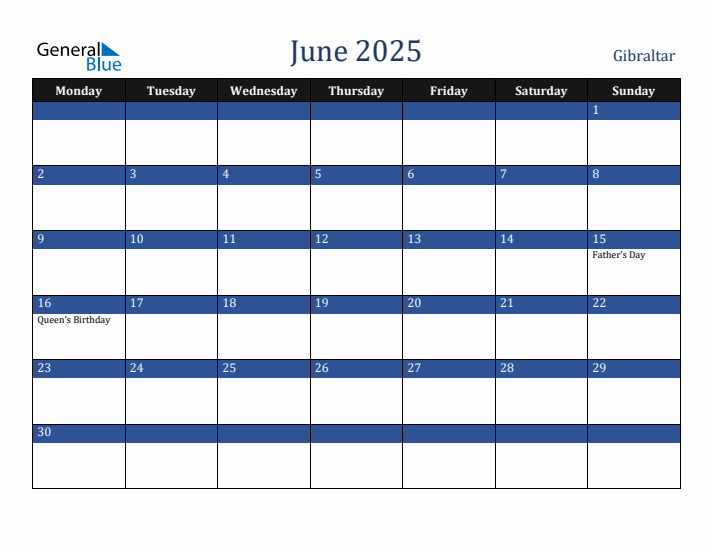 June 2025 Gibraltar Calendar (Monday Start)