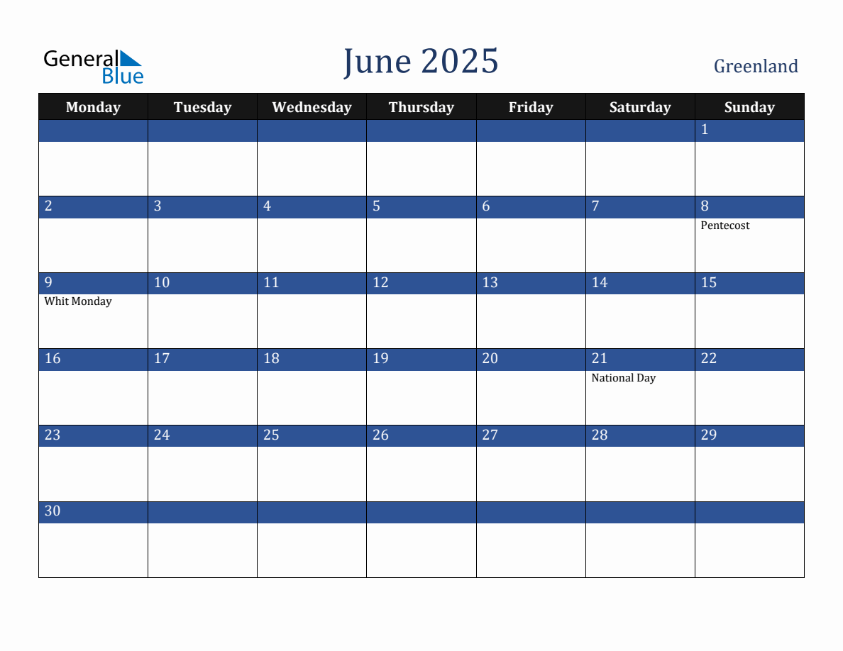 June 2025 Greenland Holiday Calendar