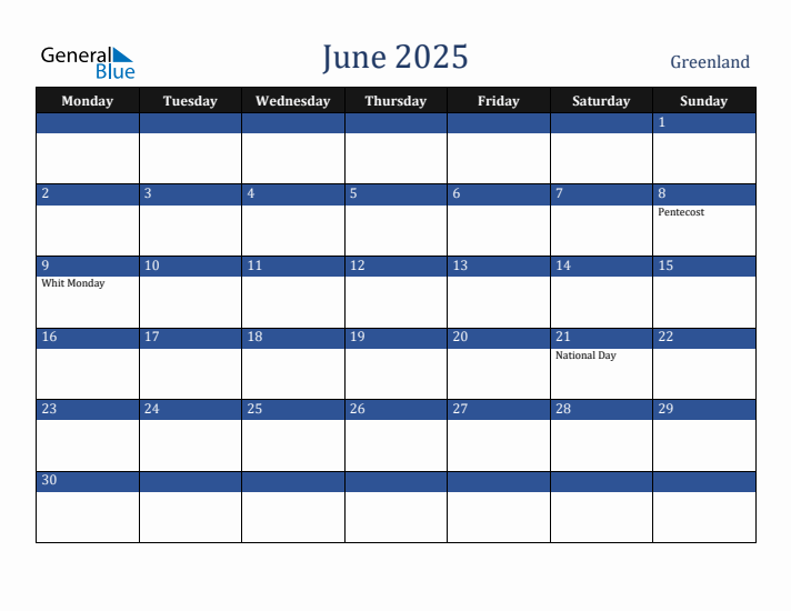 June 2025 Greenland Calendar (Monday Start)