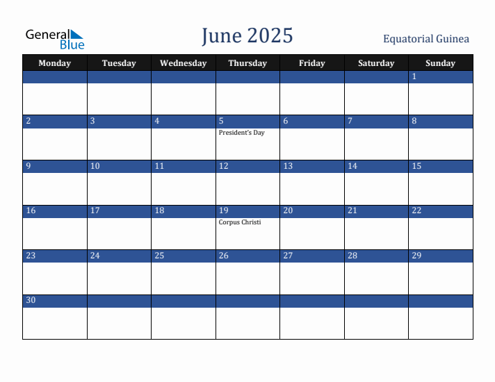 June 2025 Equatorial Guinea Calendar (Monday Start)