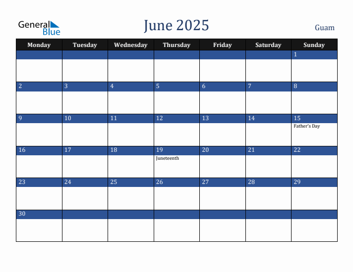 June 2025 Guam Monthly Calendar with Holidays