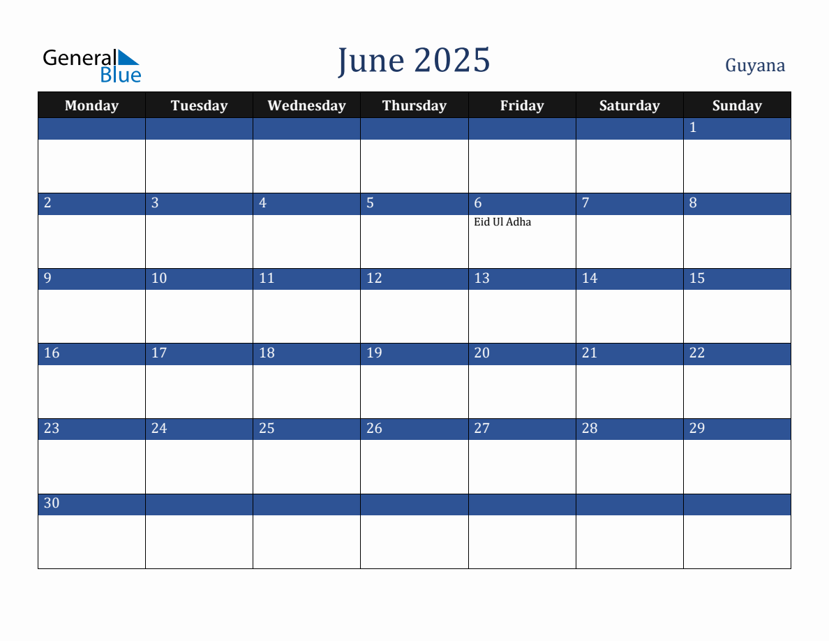 June 2025 Guyana Holiday Calendar
