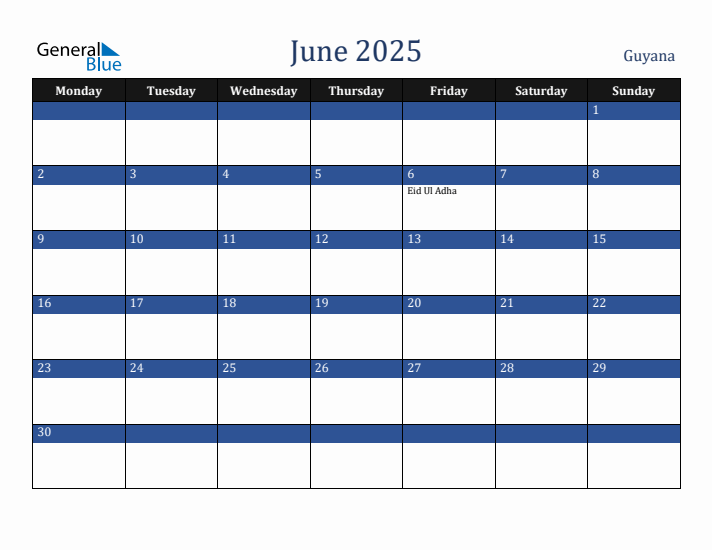 June 2025 Guyana Calendar (Monday Start)