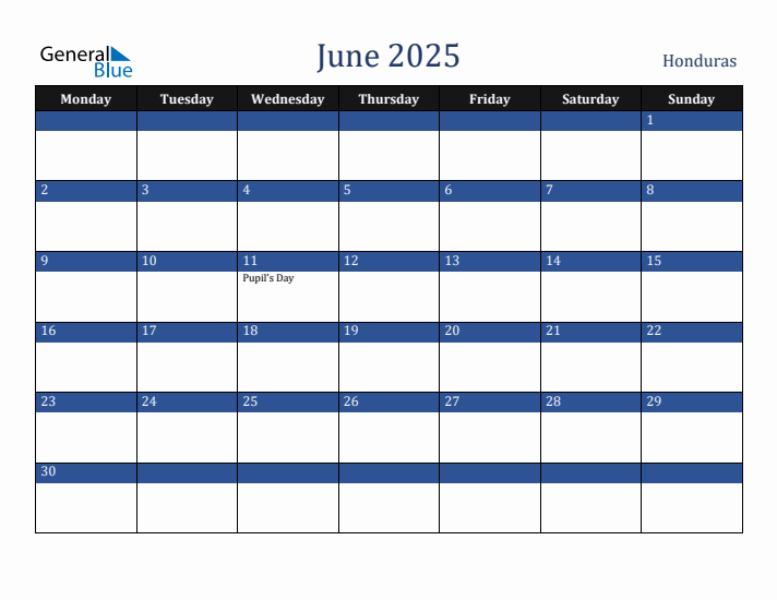 June 2025 Honduras Calendar (Monday Start)
