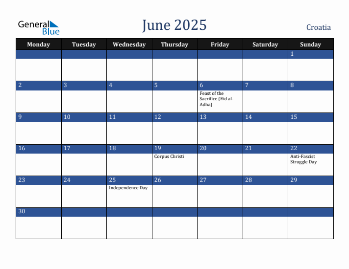 June 2025 Croatia Calendar (Monday Start)