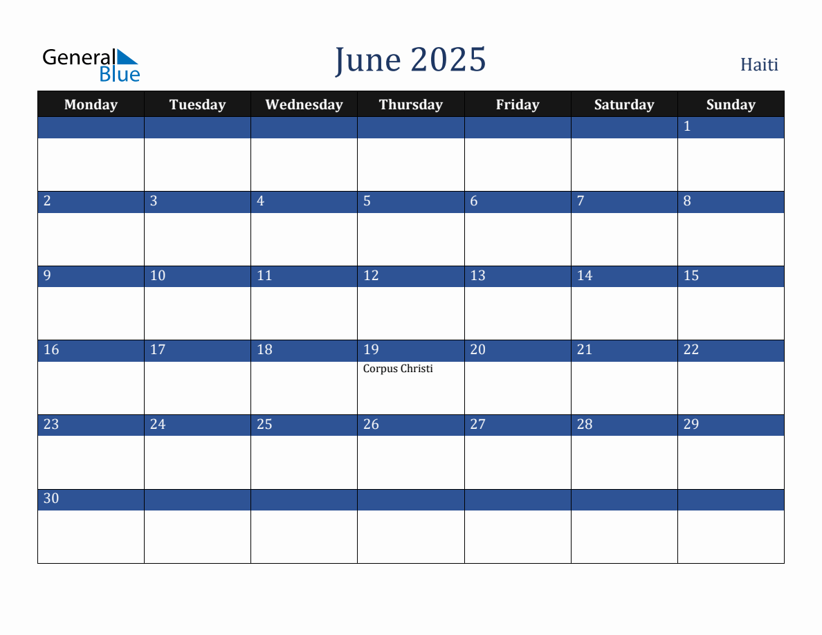 June 2025 Haiti Holiday Calendar