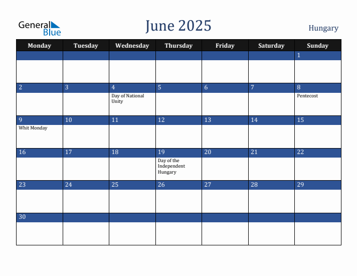 June 2025 Hungary Calendar (Monday Start)
