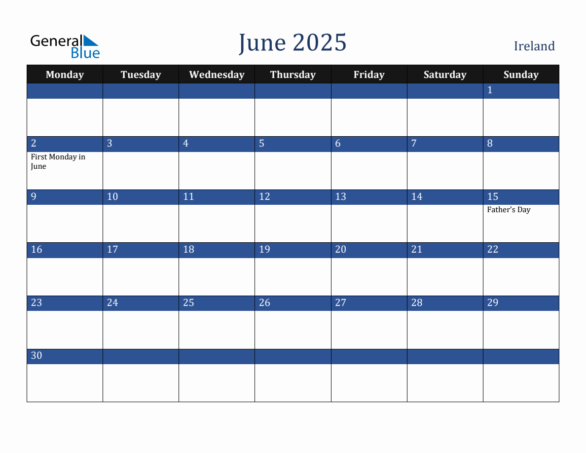 June 2025 Ireland Holiday Calendar