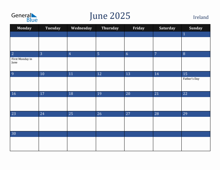 June 2025 Ireland Calendar (Monday Start)