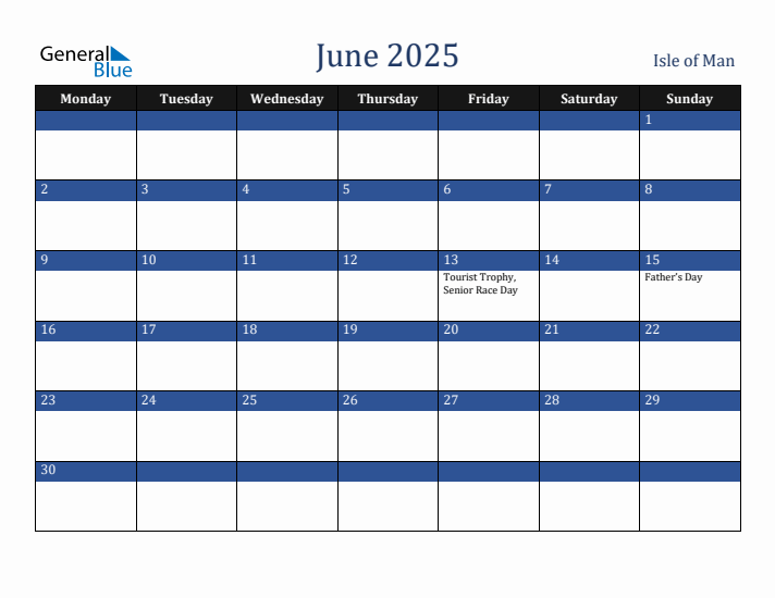 June 2025 Isle of Man Calendar (Monday Start)