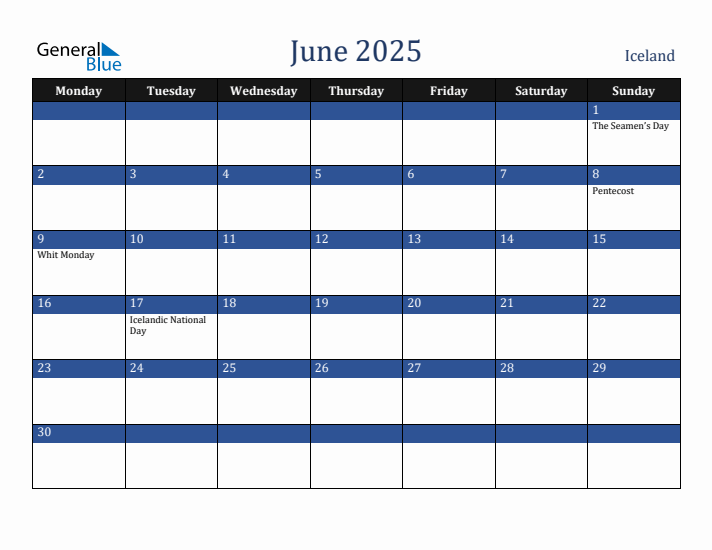 June 2025 Iceland Calendar (Monday Start)