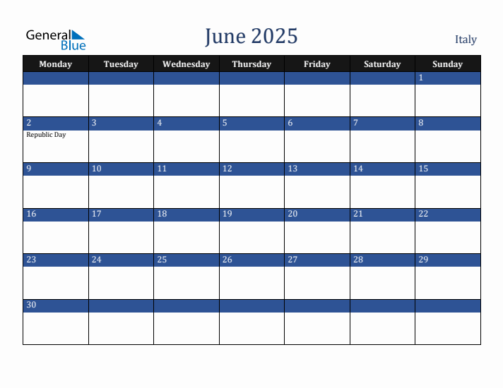 June 2025 Italy Calendar (Monday Start)